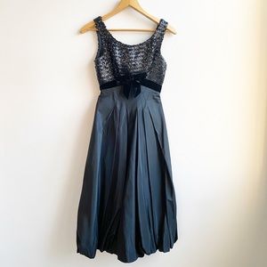 Vintage Sequin Black Bow Midi Evening Gown